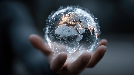 Hand touches futuristic cityscape globe showing global networks and connectivity in the digital world