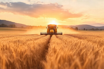 Obraz premium A combine harvester is harvesting wheat and driving through a field.