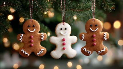 Three gingerbread men are hanging from a tree. They are smiling and seem to be happy. The scene is festive and cheerful, likely representing the holiday season