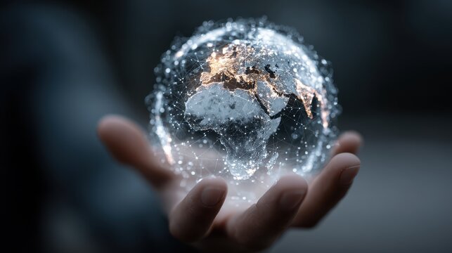 Hand touches futuristic cityscape globe showing global networks and connectivity in the digital world