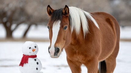 Fototapeta premium A horse is standing in the snow next to a snowman. The horse is brown and white, and the snowman is made of snow. The scene is peaceful and serene, with the snowman