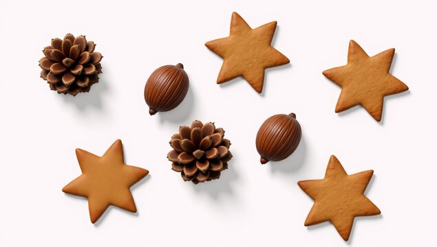 Close-up high-quality HD photo of Christmas tree ornaments pine cone acorn gingerbread star and a star isolated on white background with clipping path for social media advertisements