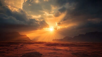 A haunting sunrise breaks through stormy clouds over a barren wasteland, casting fragile light across the desolate land.