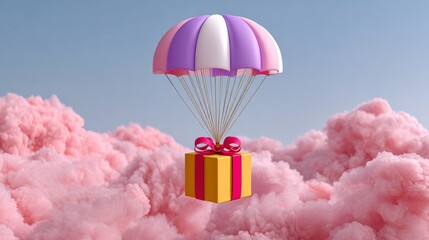 A pink and purple umbrella is flying over a pink and purple cloud. The umbrella is holding a red and gold box