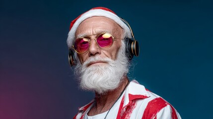 A man wearing sunglasses and a Santa hat is wearing headphones. He is looking at the camera. The image has a festive and playful mood