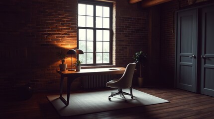 Fototapeta premium A woman sits at a wooden table in a classic luxury home, with light streaming through the window and reflecting on the polished floor