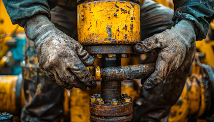 Worker adjusting heavy industrial machinery with worn gloves in a factory setting