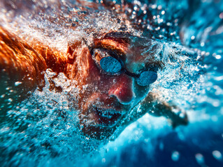 Intense close-up of a competitive swimmer breathing underwater during a race