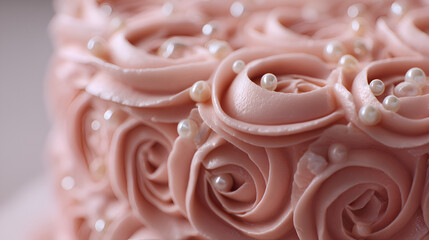 Close-up of a pink cake with rose-shaped icing and pearl details, soft and romantic dessert presentation.