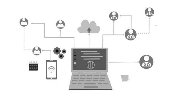 Monochrome Animation of a digital network with laptop, cloud, and connected devices