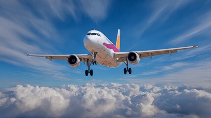 Fototapeta premium A large airplane is flying through the sky with clouds in the background. The airplane is white and has a pink and orange tail. The sky is clear and blue