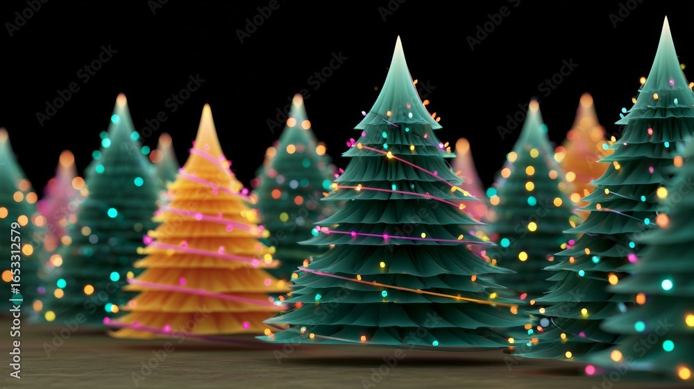 Wall mural a row of christmas trees with lights on them. the trees are of different colors and sizes. scene is 
