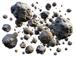  asteroids swarm of boulders or stone meteorite isolated on white background PNG, AI GENERATED 