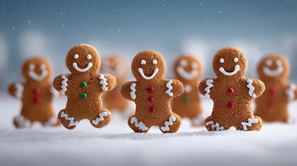 A row of gingerbread men are smiling and standing on a snowy surface. The scene is festive and cheerful, with the gingerbread men representing the holiday season