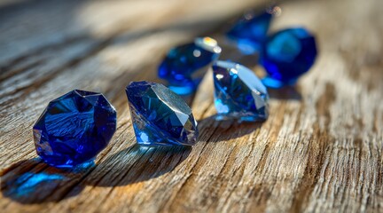 Collection of blue gemstones with intricate facets on a rustic wooden surface