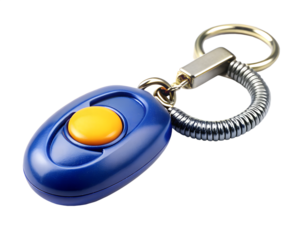 Blue oval plastic keychain with yellow button and silver metal spring coil, isolated on transparent background