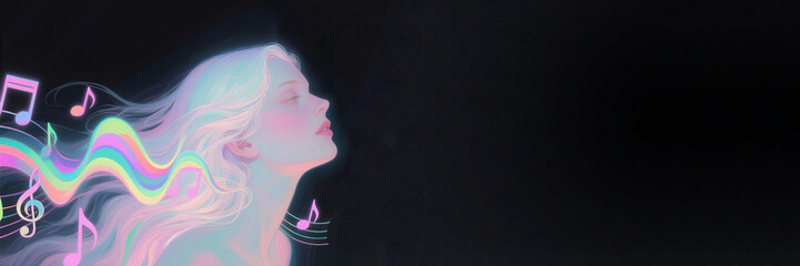 Ethereal woman with flowing hair meditating, on black background with copy space