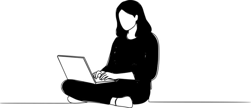 Woman working on laptop, continious line drawing. Freelancer, technologies, self-employed outline. Vector illustration 