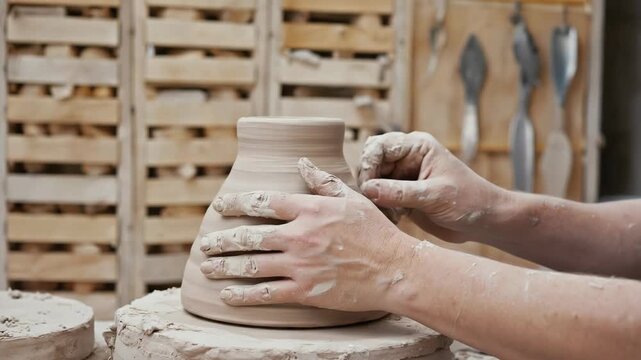 Crafting pottery with hands in a cozy studio environment