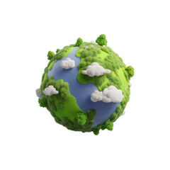 Miniature earth with lush greenery, rivers, and clouds on a black background