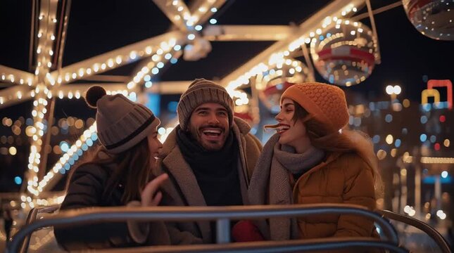 Group of three friends enjoying a festive night on a Ferris wheel, smiling and waving, surrounded by sparkling lights and a vibrant atmosphere of joy and celebration
