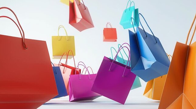 Colorful shopping bags in vibrant hues are dynamically floating through the air, creating a lively and engaging scene that captures the essence of retail excitement and consumerism