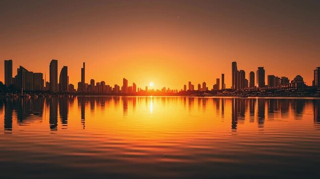 Vibrant sunset over a city skyline, reflecting golden hues on calm water, capturing the serene transition from day to night in a breathtaking visual sequence