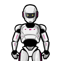 A white metal robot in the style of Pop art isolated on a white background with a black outline. Futuristic comic book-style illustration.