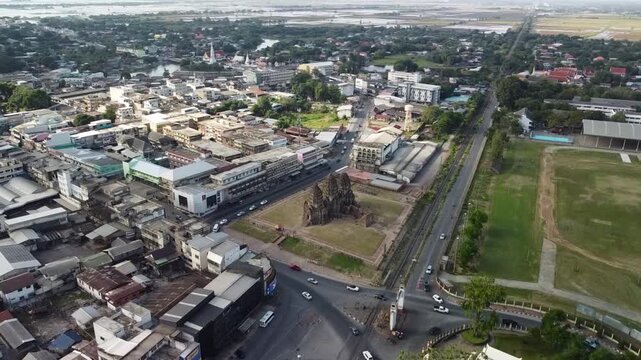 Aerial Drone Shot of Phra Prang Sam Yod Temple in Lopburi, Thailand