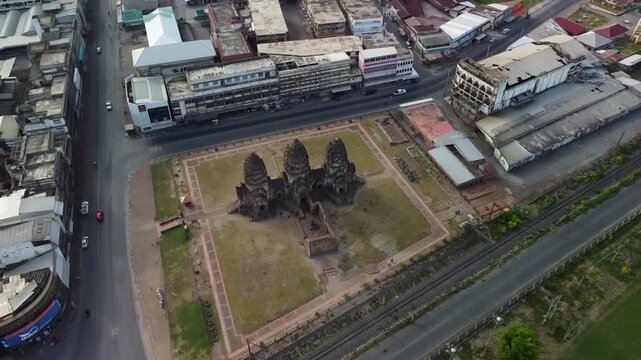 Drone Curved Shot of Phra Prang Sam Yod Temple in Lopburi, Thailand