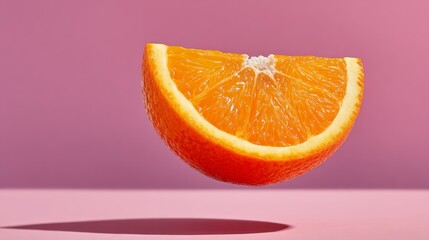 Slice of orange is floating in the air. The orange is cut in half and the top half is missing. The orange is suspended in the air, creating a sense of weightlessness and freedom