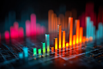 Colorful digital bar graph displaying data analysis on a futuristic financial chart
