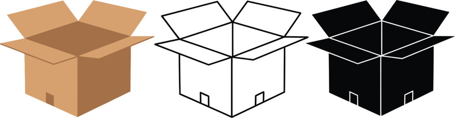 Stock vector illustration of cardboard box open in three styles