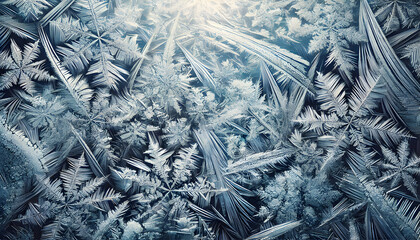 Frozen Ice Crystals and Frost Patterns on Glass Surface