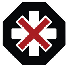 Obraz premium Black octagon with white cross and red border symbol