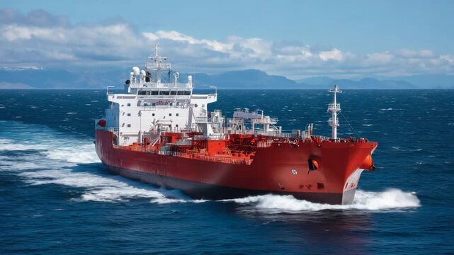 A vibrant red commercial ship sails smoothly across the ocean, leaving a foamy trail, with visible navigation gear and lifeboats on deck.
