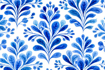 Blue watercolor floral pattern on white background