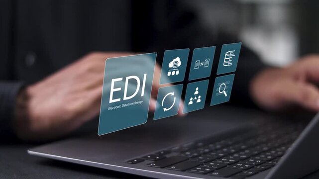 EDI Electronic Data Interchange concept. Platform for exchanging business documents between organizations. Person using laptop with EDI icons on virtual screen.