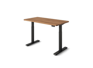 Fototapeta premium Modern adjustable height standing desk with a natural wood grain desktop and sturdy black metal legs perfect for home office or corporate workspace isolated on transparent background