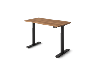 Modern adjustable height standing desk with a natural wood grain desktop and sturdy black metal legs perfect for home office or corporate workspace isolated on transparent background