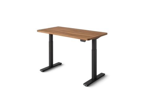 Modern adjustable height standing desk with a natural wood grain desktop and sturdy black metal legs perfect for home office or corporate workspace isolated on transparent background