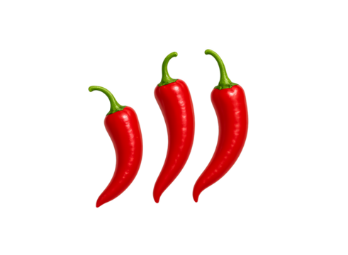 Three vibrant red chili peppers with green stems arranged in a diagonal line showcasing their smooth texture and bright color isolated on transparent background