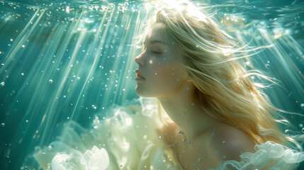 Beautiful woman swimming underwater with flowing blonde hair. Dreamy aquatic scene showcasing graceful movement and tranquil atmosphere.