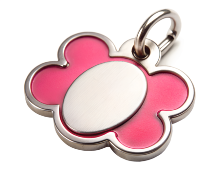 Pink flower shaped dog tag with metal ring isolated on transparent background - Powered by Adobe