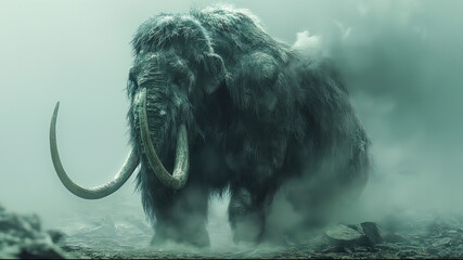 Massive woolly mammoth in foggy tundra setting. Prehistoric ice age creature with long shaggy fur and impressive tusks in moody scene.