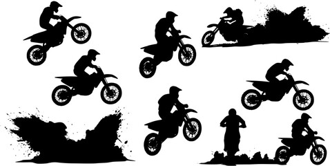 Naklejka premium Black vector silhouette of aggressive motocross rider creating massive dirt spray during high-speed jump 