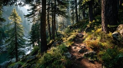 Fototapeta premium Forest trails winding through dense woods with sunlight filtering through trees, ideal for hiking, nature travel, and outdoor adventure stock