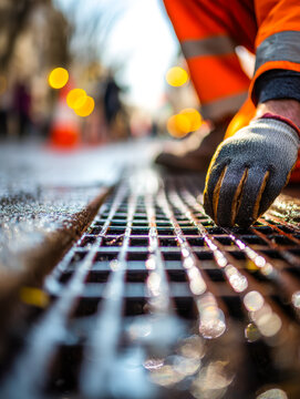 Close-up of a worker installing a drainage grate on a wet street during early morning or late afternoon