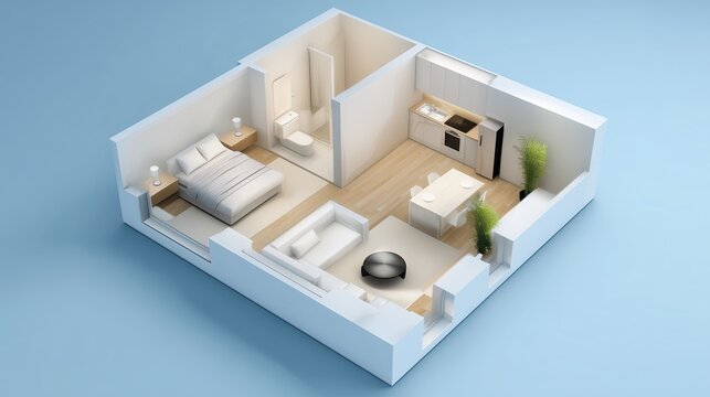 3d visualization of a one bedroom apartment plan