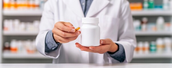 Pharmacist Holding Pill and Medicine Bottle, Health , Pharmacy